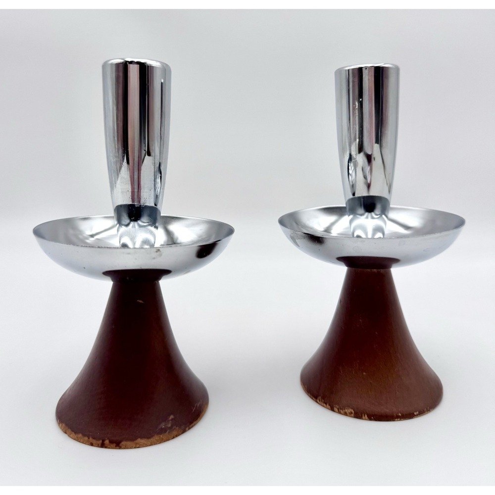 Vintage Mid Century Danish Modern Chrome Wood Candlestick Pillar Holder Pair 6"